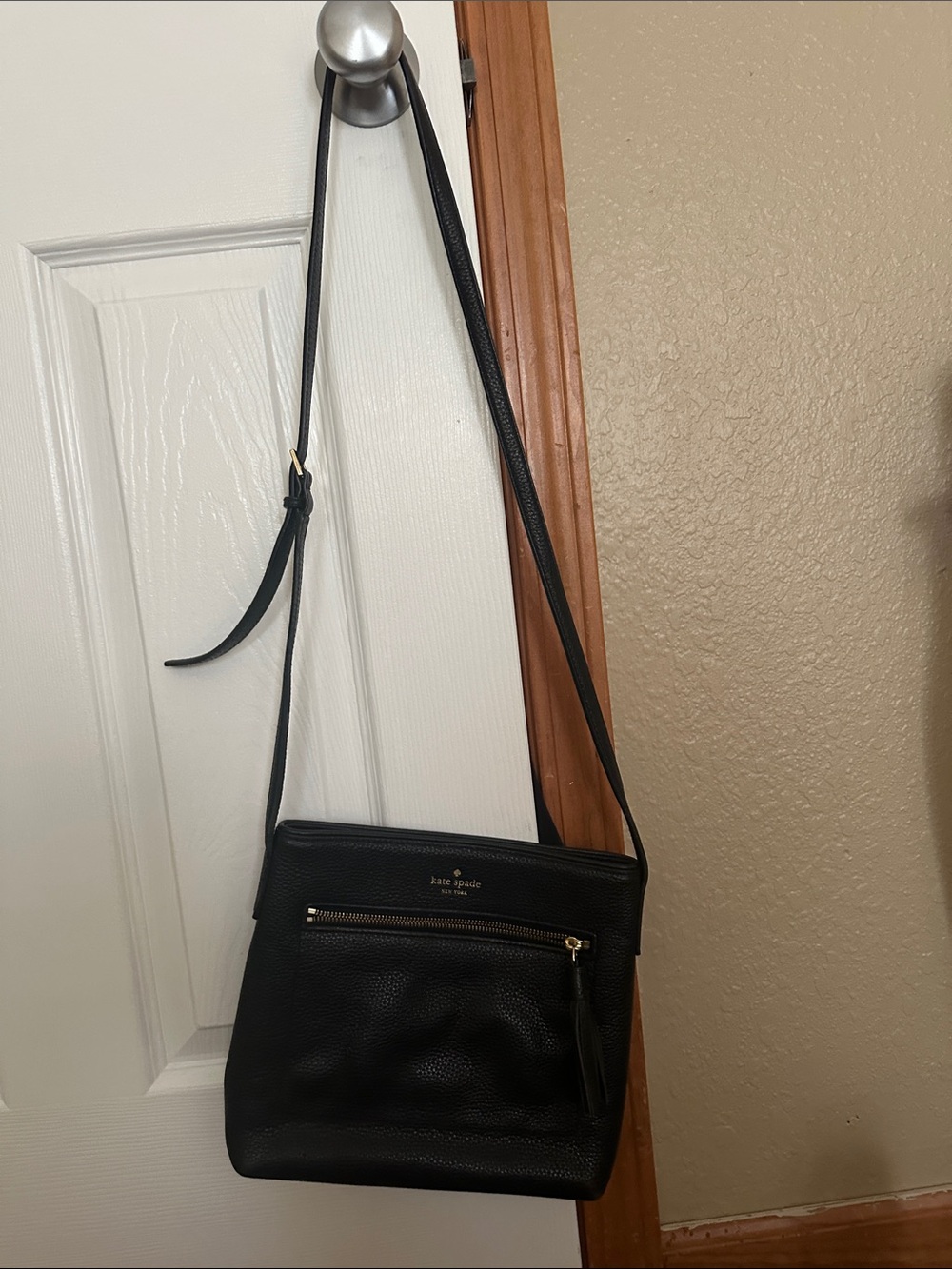 kate spade Black Leather Crossbody with Front Zip Pocket